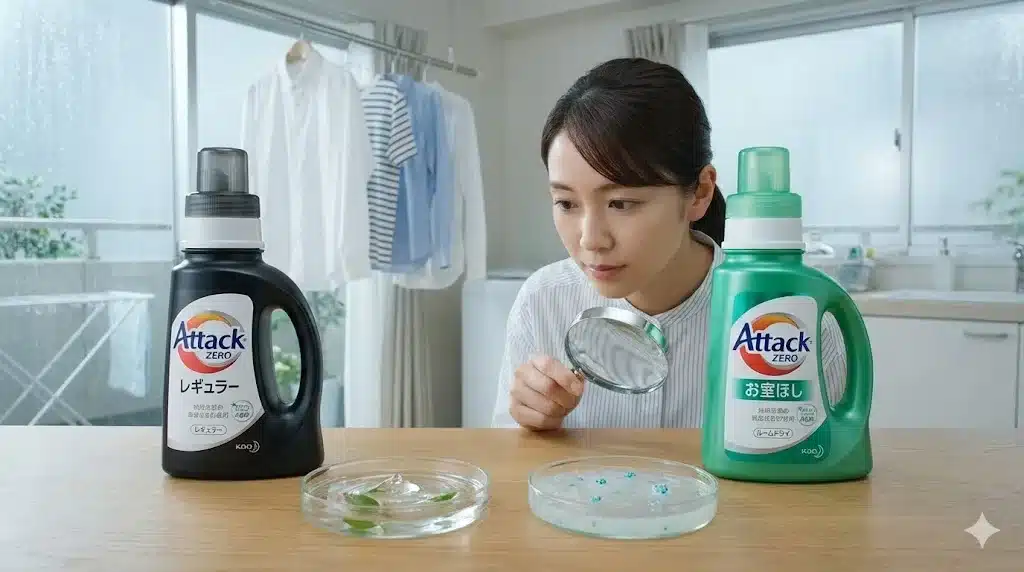 ⑥アタックゼロの部屋干しとレギュラーの違いを成分比較『アタックゼロ 評判悪い グリーンライフ 口コミ 部屋干し違い』